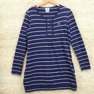 Lacoste FR size 40 US Medium navy blue white stripe knit dress crew neck cotton